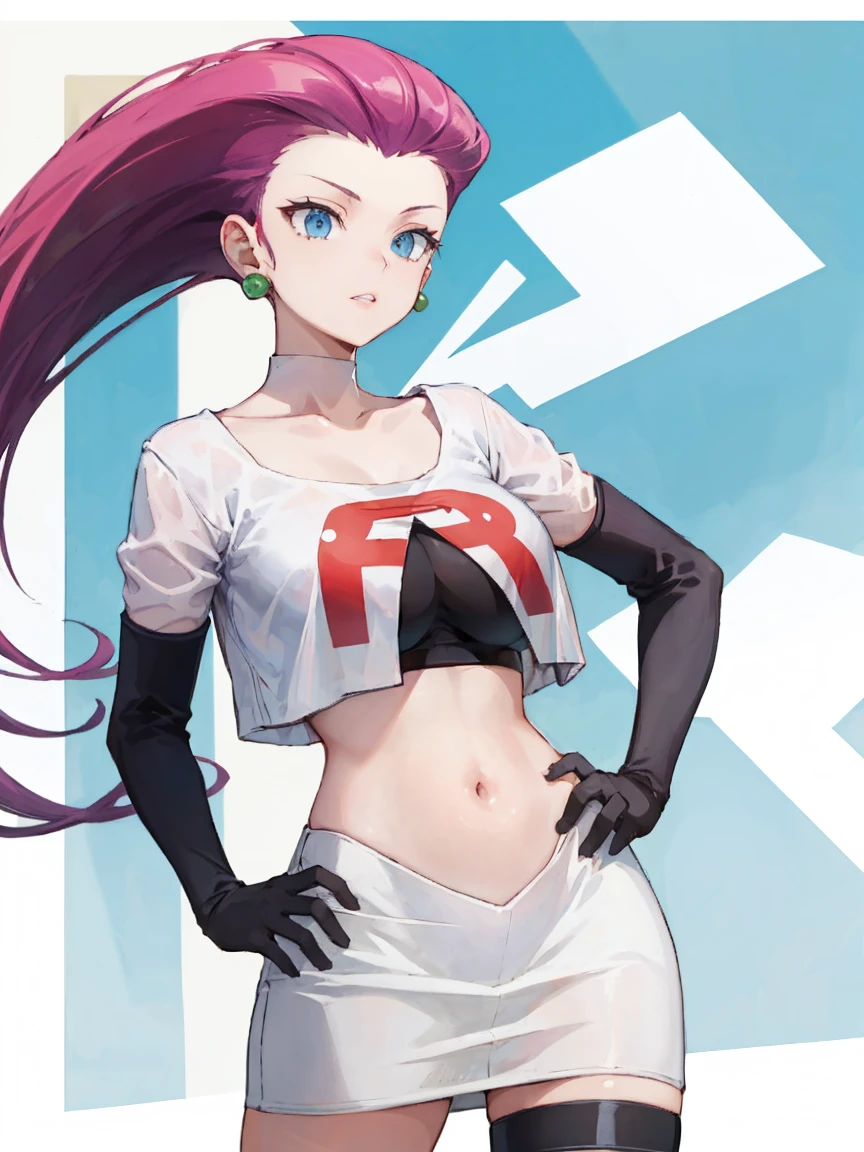 Jessie Pokemon, jewelry, Official Art,(Team Rocket:1.3, Black arm guard, Black knee-high socks, White Skirt, white crop shirt) , blue eyes, One girl, Purple Hair, Earrings, clavicle, I slicked my hair back., Part your lips, Blurred Background, Big Breasts, Hands on hips、belly button
