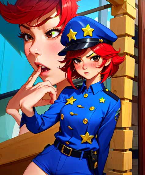 rambambu,yellow skin,black eyes,red hair,blush,short hair,
blue shirt,long sleeves,police cap with star \(symbol\),buttons,serio...