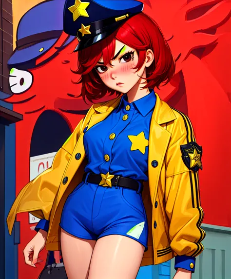 rambambu,yellow skin,black eyes,red hair,blush,short hair,
blue shirt,long sleeves,police cap with star \(symbol\),buttons,serio...