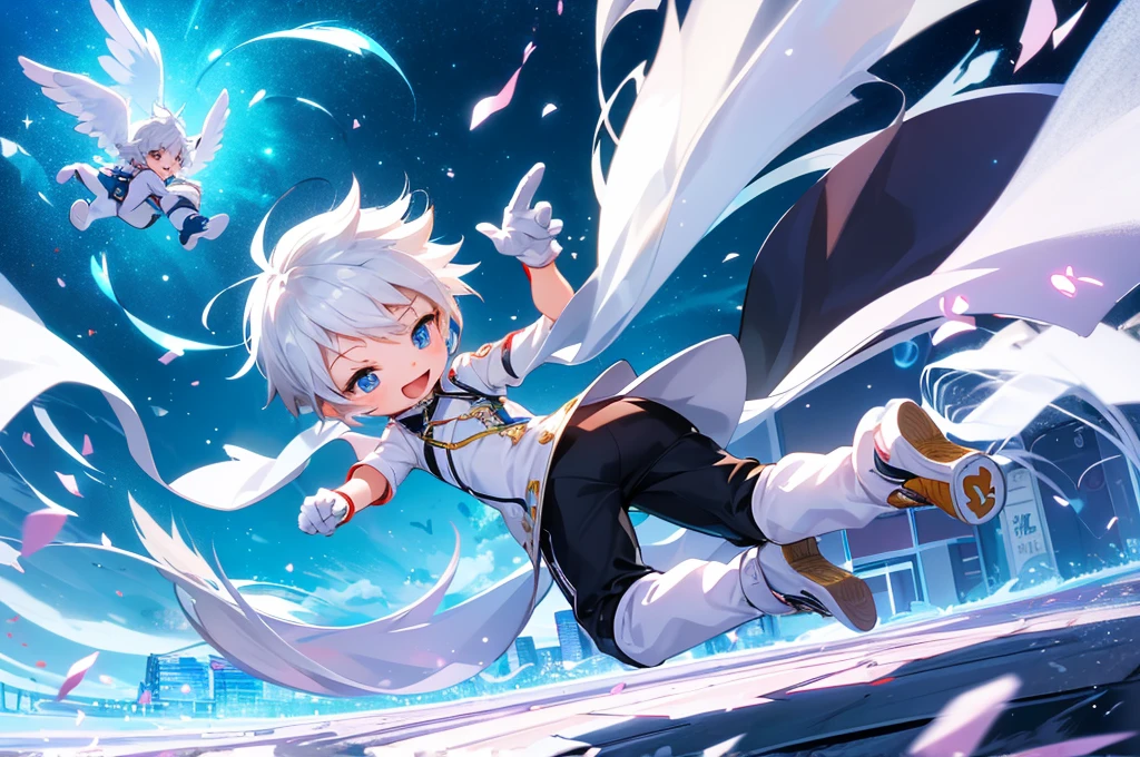 Game CG，4k picture quality，((little boy))，The feeling of youth，anime hero，Q version male character ears，happy，防wind鏡，White and Blue Racing Bodysuit，White gloves，Racing boots，float。wind，Lighting Effects，Full body portrait，Normal hand