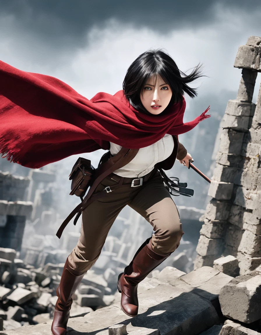 Mikasa Ackerman from Shingeki no Kyojin depicted as a real person, captured in a cinematic photograph with her iconic red scarf, flying atop the ruins of titans wielding ultra-hard steel blades. Dynamic mid-air action pose, intense focus, dramatic lighting enhancing the epic scene, ruined landscape providing a striking and immersive backdrop, cinematic photography style, trending on professional photography platforms, high resolution, detailed composition.