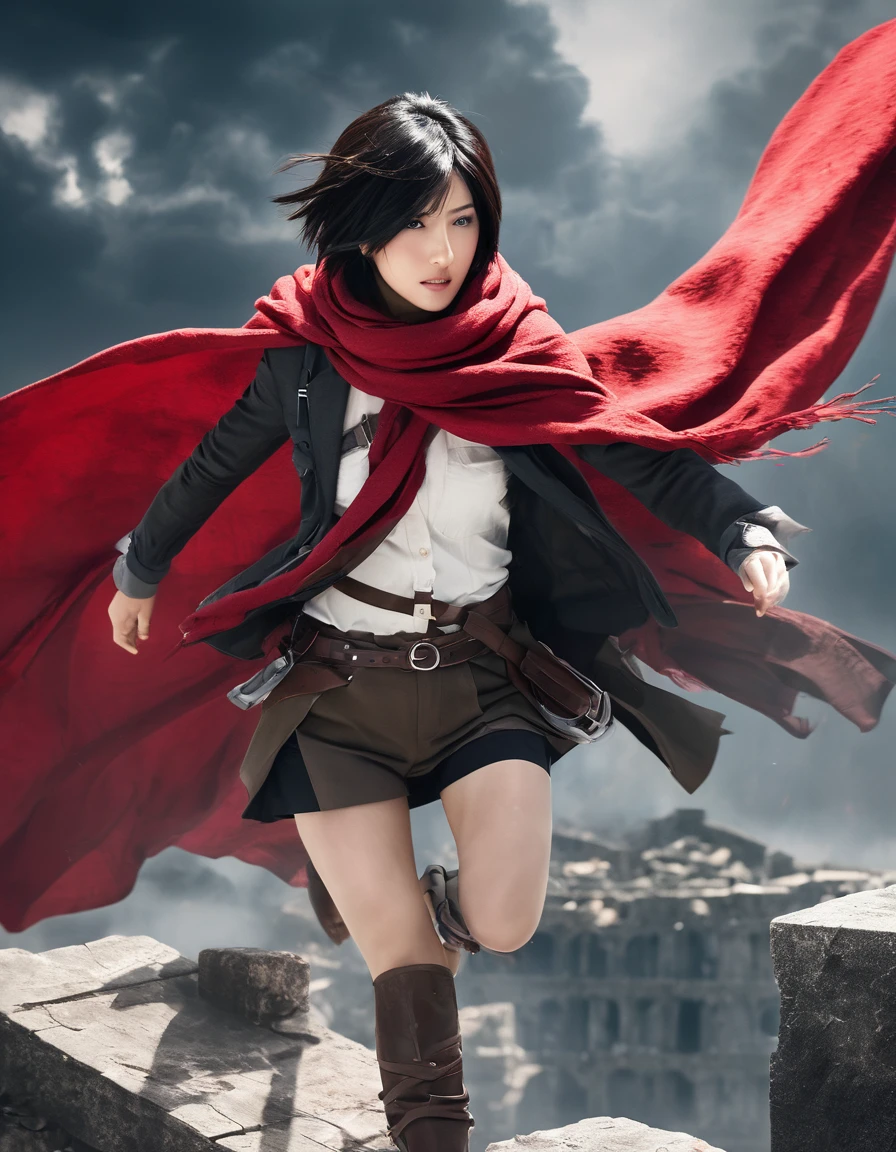 Mikasa Ackerman from Shingeki no Kyojin depicted as a real person, captured in a cinematic photograph with her iconic red scarf, flying atop the ruins of titans wielding ultra-hard steel blades. Dynamic mid-air action pose, intense focus, dramatic lighting enhancing the epic scene, ruined landscape providing a striking and immersive backdrop, cinematic photography style, trending on professional photography platforms, high resolution, detailed composition.