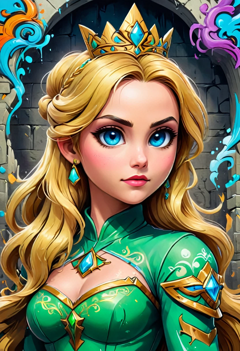 a graffiti painting art on the wall of the castle of  Princess Zelda on the wall of a castle, ,Princess Zelda (intense details, Masterpiece, best quality: 1.5), wearing intricate green dress, delicate diamond crown, ultra detailed face, ultra feminine, fair skin, exquisite beauty, gold hair, long hair, wavy hair, small pointed ears, dynamic eyes color, wearing heavy green and white armor, shinning metal, armed with elven sword, ais-graffiti, chumbasket art style, graffiti art
