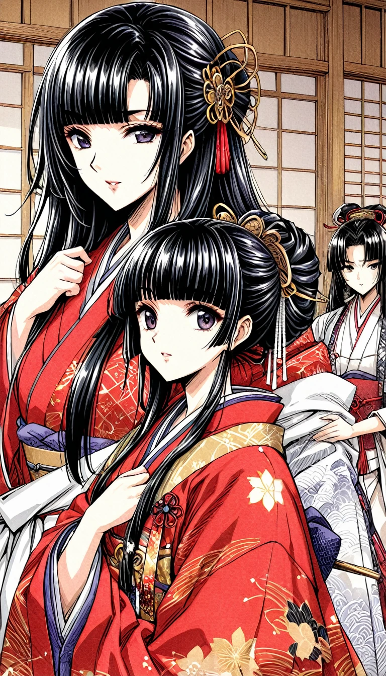 ((Highest quality)), ((masterpiece)), (detailed), （Perfect Face）、（The woman is a 12-year-old princess from the Sengoku period in Japan., Long black hair and a beautiful face　Located in a luxurious samurai residence.、The woman is wearing a Japanese white kimono with a richly embroidered red shiny robe over it.　The red robe worn by Japanese princesses　Her hair is styled in a straight hime cut.　It is decorated with gorgeous ornaments from the Edo period.,   