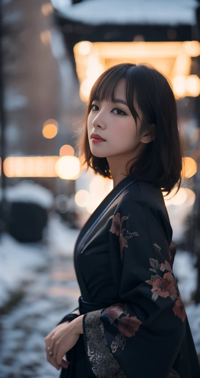 (A plain detailed woman in a black kimono dress, bob_hair_side_bangs, fair skin, dark lips, walking in a snowy night, dark background, dawn sunset, extremely detailed skin, extremely detailed eyes, Intellectual_charisma, depth of field, 8k, dslr, dim lighting, warm_focus_light, high quality, film grain, the_cowboy_shot)