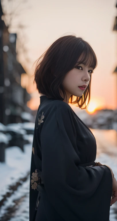 (A plain detailed woman in a black kimono dress, bob_hair_side_bangs, fair skin, dark lips, walking in a snowy night, dark background, dawn sunset, extremely detailed skin, extremely detailed eyes, Intellectual_charisma, depth of field, 8k, dslr, dim lighting, warm_focus_light, high quality, film grain, the_cowboy_shot)