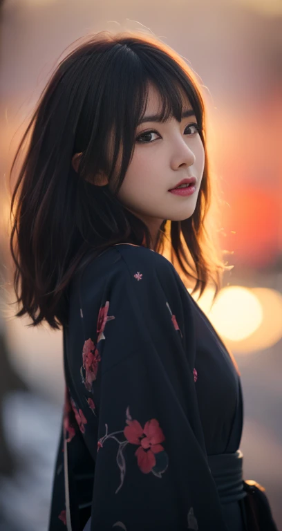 (A plain detailed woman in a black kimono dress, bob_hair_side_bangs, fair skin, dark lips, walking in a snowy night, dark background, dawn sunset, extremely detailed skin, extremely detailed eyes, Intellectual_charisma, depth of field, 8k, dslr, dim lighting, warm_focus_light, high quality, film grain, the_cowboy_shot)