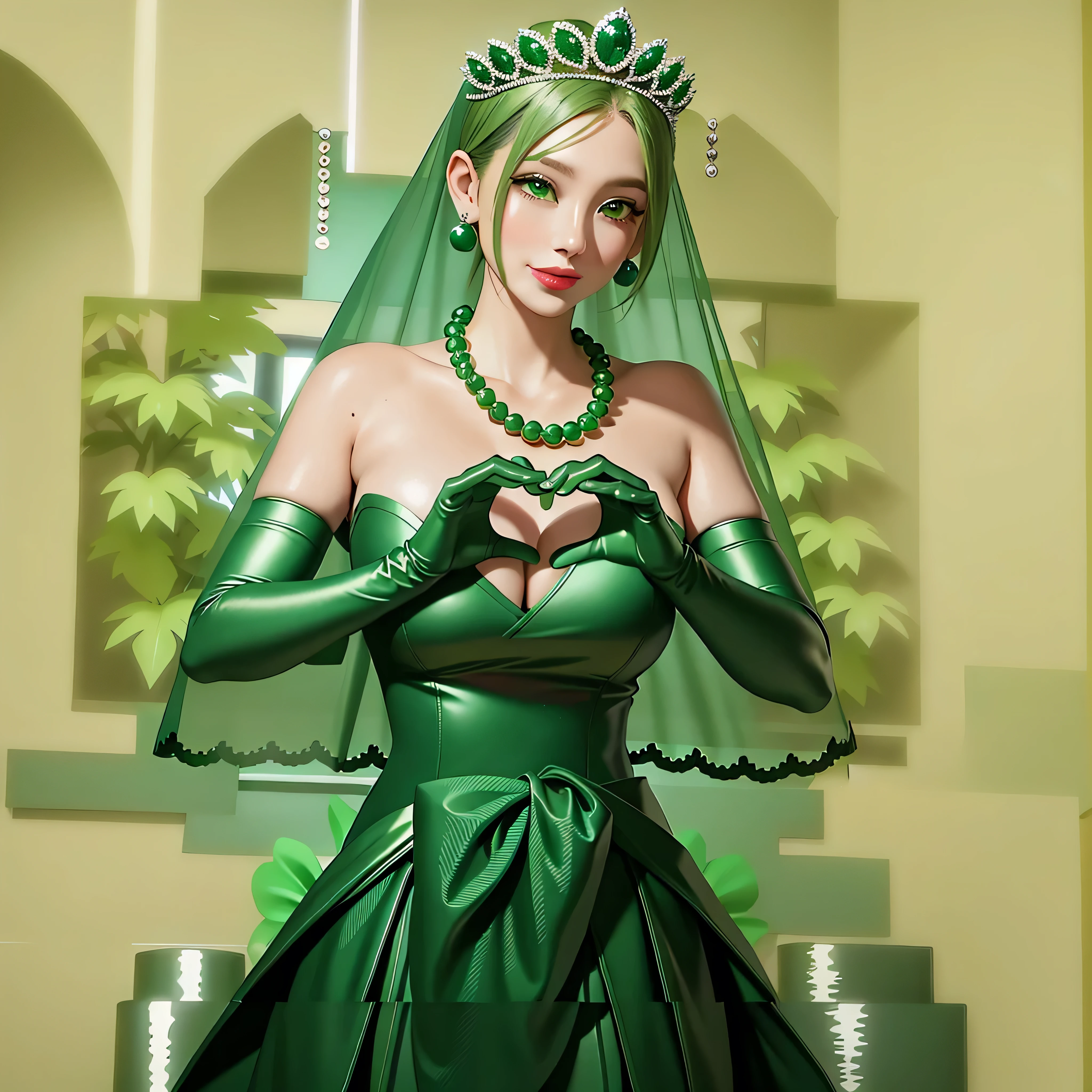 emerald tiara, colar de pérolas verdes, Cabelo verde muito curto de menino, Lábios Verdes, mulher japonesa sorridente, cabelo muito curto, Linda senhora peituda, olhos verdes, Luvas longas de cetim verde, olhos verdes, Brincos Esmeralda, Véu verde, Coração com as duas mãos, cabelo verde, Mulheres japonesas bonitas, mãos em forma de coração:1.3, brilho labial verde