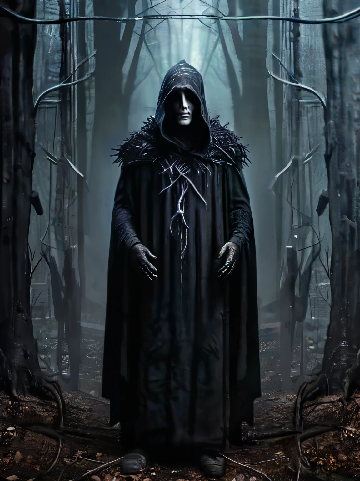 Horror-themed,  In an ancient and mysterious city a person in a creepy costume standing in a dark forest carcosa city style, Eerie, unsettling, dark, spooky, suspenseful, grim, highly detailed