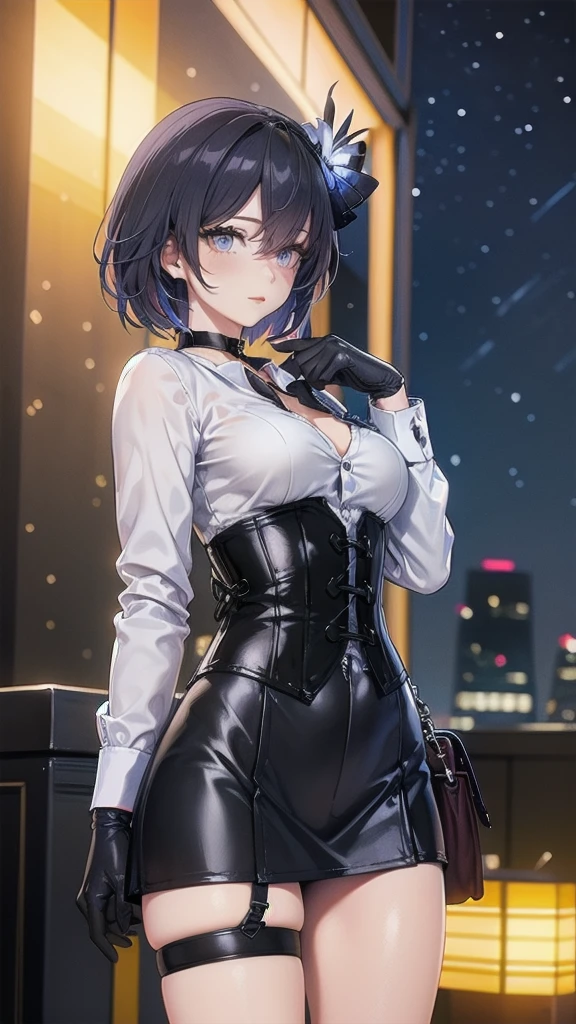 Masterpiece, Beautiful art, professional artist, 8k, Very detailed face, Detailed clothing, detailed fabric, 1 girl, Soul Fullness \(Honkai Impact 3rd\), front view, standing, perfectly drawn body, shy expression, pale skin, beautiful face, short dark blue hair, 4k eyes, very detailed eyes, pink cheeks, choker:1.6, (white long sleeve button down shirt with white collar), black gloves, gloves that cover hands, (black leather corset), (shiny black tight mini skirt), Sensual Lips , winter night, show details in the eyes, looking at the viewer, elegant city, at night