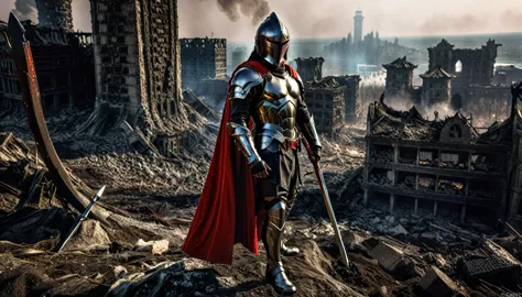 HDR, BEST IMAGE, A WARRIOR SOLDIER, shiny armor POSES ON THE SIDE, WITH A SWORD IN HAND AND RED CAPE, RED HOOD, LOOKING FROM A H...