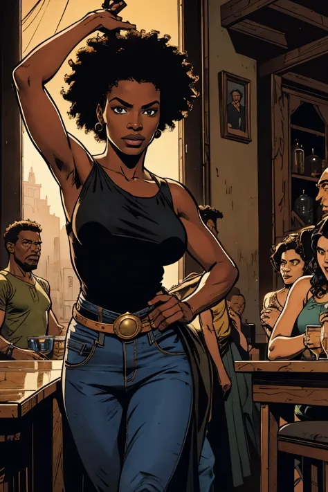 Poor Afro-Brazilian people at a Brazilian party dancing and drinking, standing looking at the camera, by Todd McFarlane and Greg...