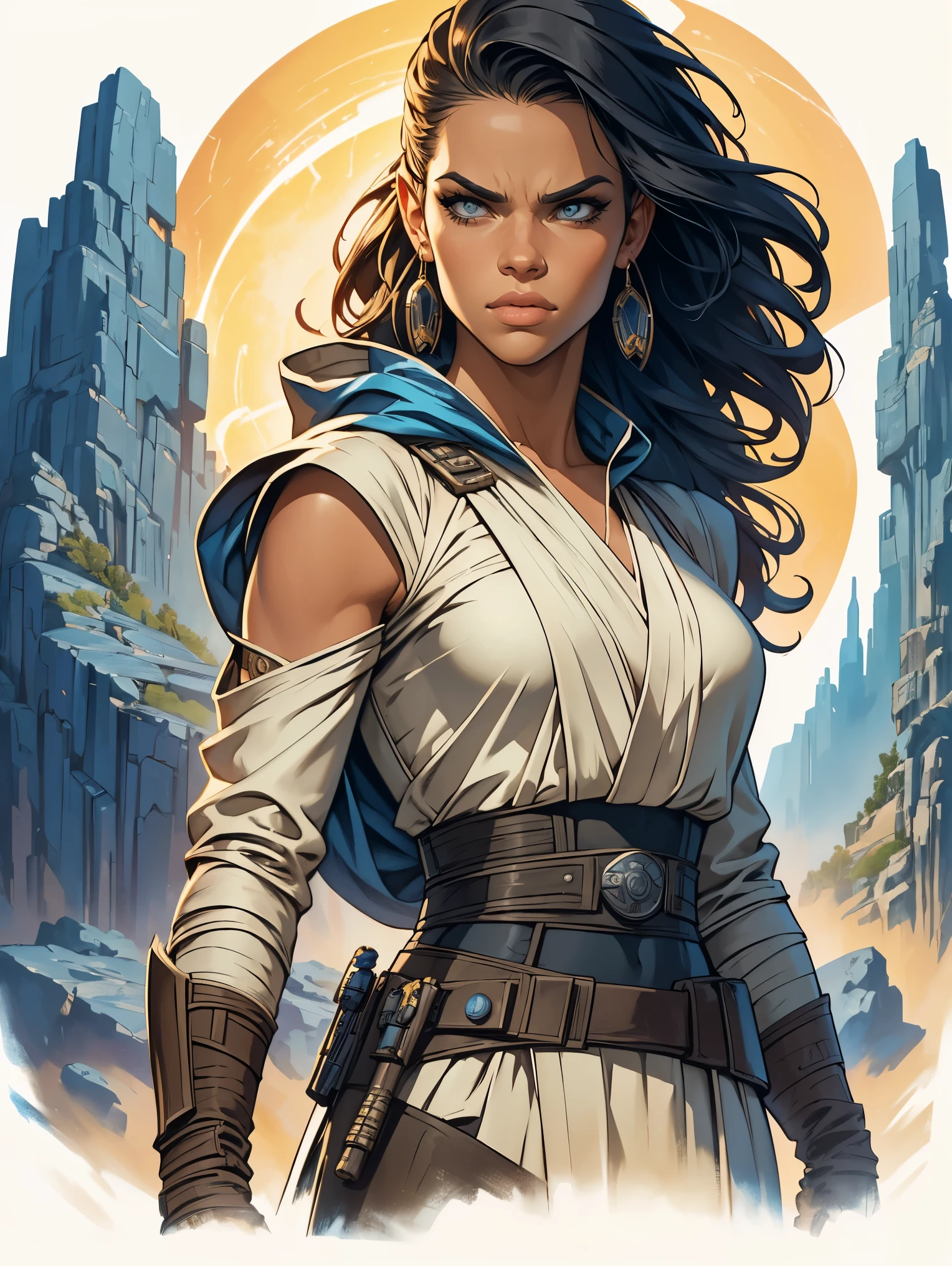 a female jedi based on Jenna Ortega, Star Wars, highly detailed cinematic fantasy portrait, black outlining, full color illustration, in the style of BORIS VALLEJO & JULIE BELL, masterpiece, 8k, ultra-detailed, physically-based rendering, vivid colors, dramatic lighting, intricate background, photorealistic