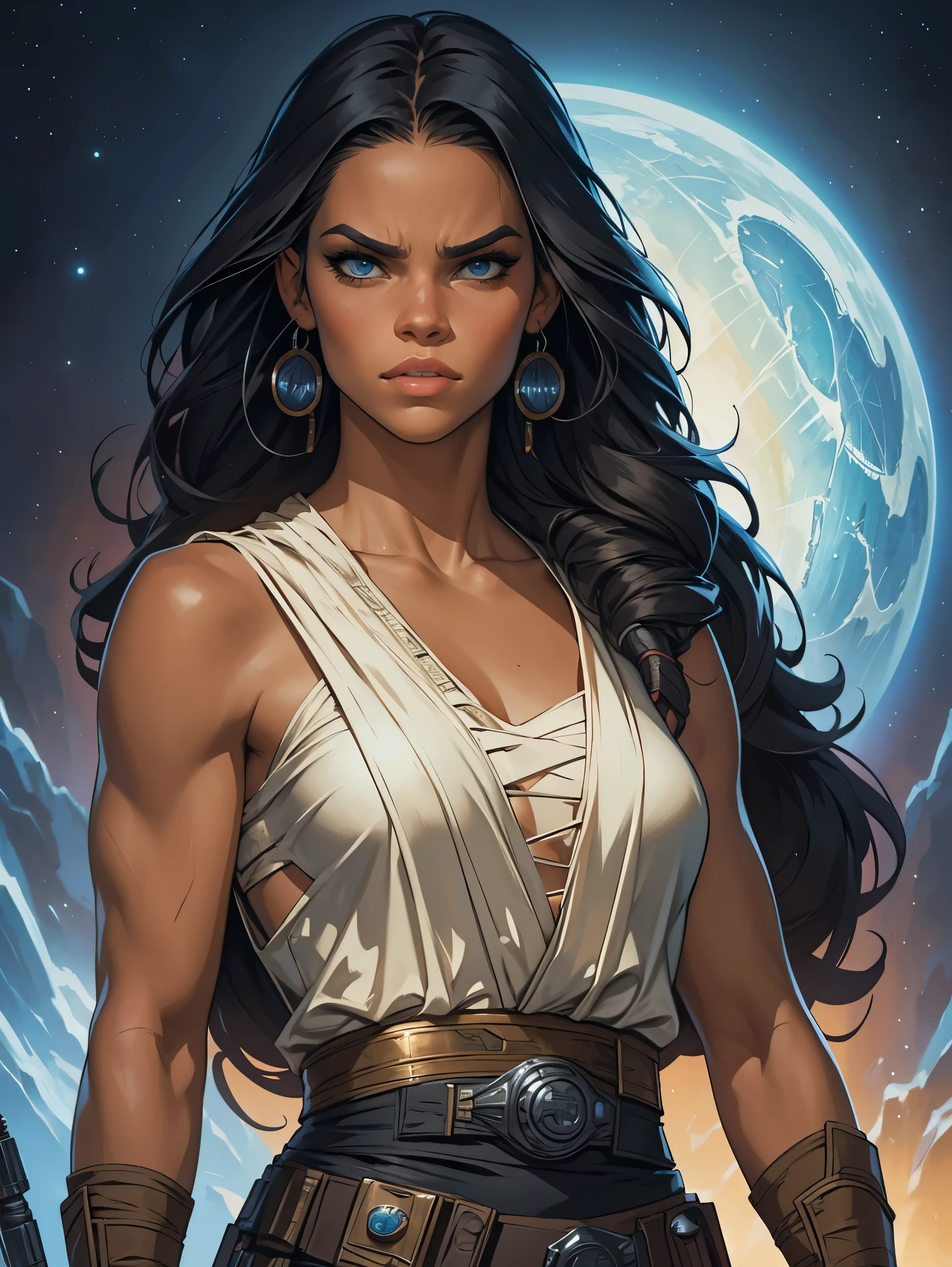 a female jedi based on Jenna Ortega, Star Wars, highly detailed cinematic fantasy portrait, black outlining, full color illustration, in the style of BORIS VALLEJO & JULIE BELL, masterpiece, 8k, ultra-detailed, physically-based rendering, vivid colors, dramatic lighting, intricate background, photorealistic