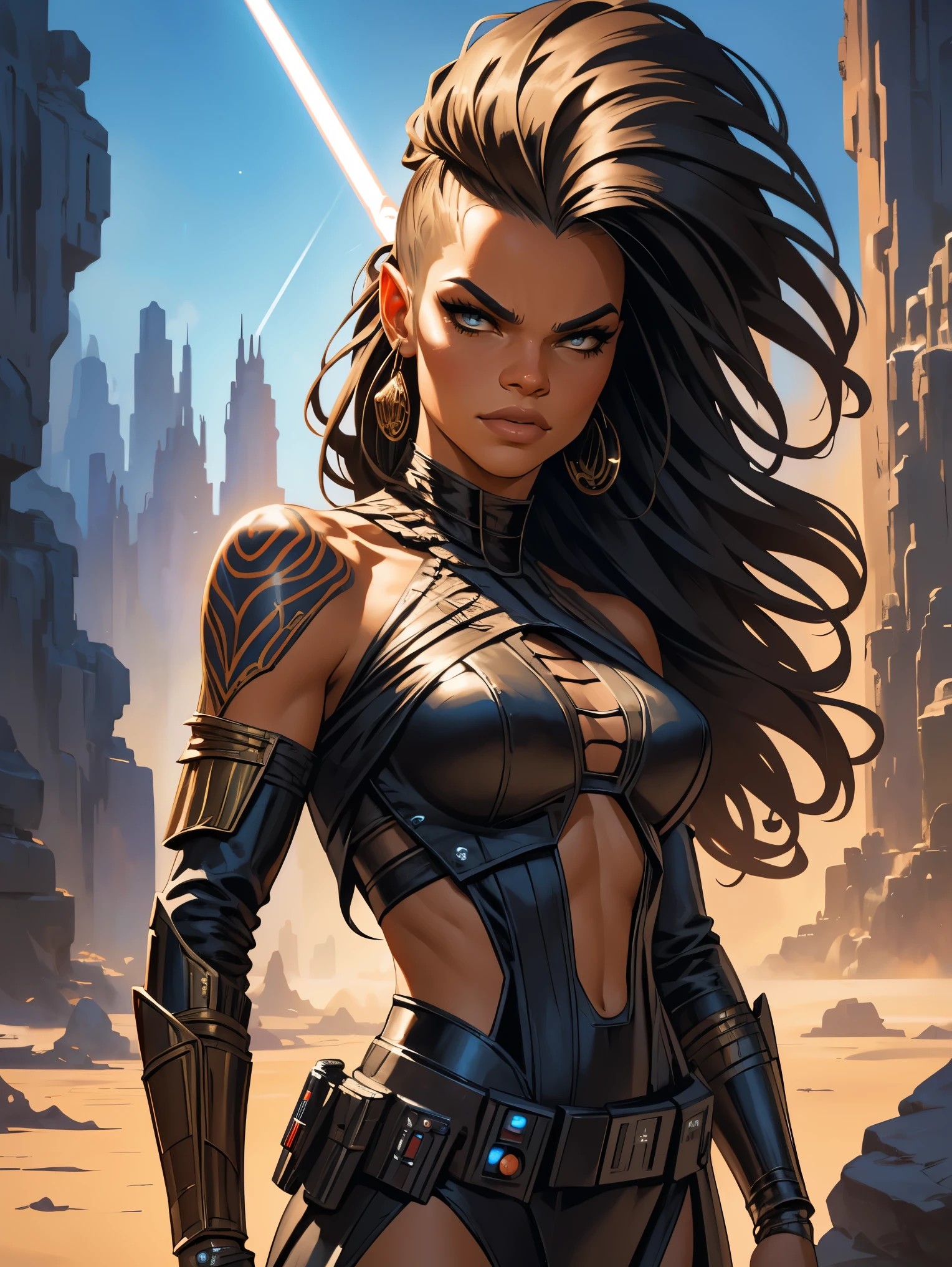 a female sith based on Zendaya, Star Wars, highly detailed cinematic fantasy portrait, black outlining, full color illustration, in the style of BORIS VALLEJO & JULIE BELL, masterpiece, 8k, ultra-detailed, physically-based rendering, vivid colors, dramatic lighting, intricate background, photorealistic