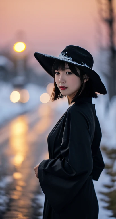 (A plain detailed woman in a black kimono dress & ridiculous straw hat, bob_hair_side_bangs, fair skin, dark lips, walking in a snowy night, dark background, dawn sunset, extremely detailed skin, extremely detailed eyes, Intellectual_charisma, depth of field, 8k, dslr, dim lighting, warm_focus_light, high quality, film grain, the_cowboy_shot) #ComicRelief