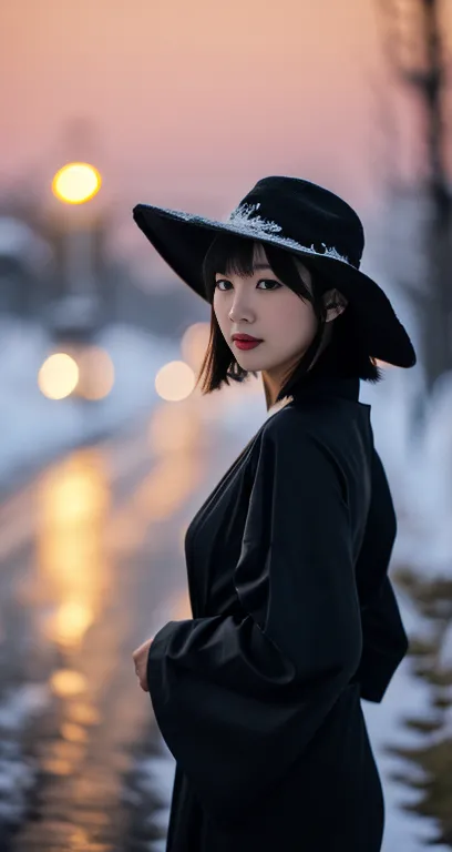 (A plain detailed woman in a black kimono dress & ridiculous straw hat, bob_hair_side_bangs, fair skin, dark lips, walking in a ...