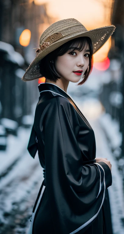 (A plain detailed woman in a black kimono dress & ridiculous straw hat, bob_hair_side_bangs, fair skin, dark lips, walking in a snowy night, dark background, dawn sunset, extremely detailed skin, extremely detailed eyes, Intellectual_charisma, depth of field, 8k, dslr, dim lighting, warm_focus_light, high quality, film grain, the_cowboy_shot) #ComicRelief