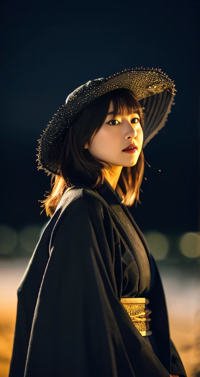 (A plain detailed woman in a black kimono dress & ridiculous straw hat, bob_hair_side_bangs, fair skin, dark lips, walking in a snowy night, dark background, dawn sunset, extremely detailed skin, extremely detailed eyes, Intellectual_charisma, depth of field, 8k, dslr, dim lighting, warm_focus_light, high quality, film grain, the_cowboy_shot) #ComicRelief