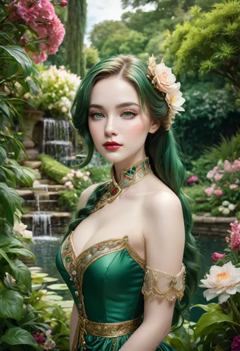 A beautiful young woman, detailed porcelain skin, striking emerald green eyes, lush long eyelashes, full rosy lips, delicate fac...