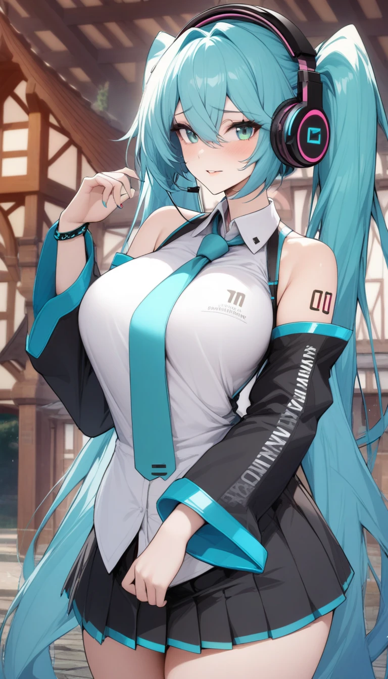 masterpiece, best quality, very aesthetic, absurdres, 1girl, mature_lady, ,hatsune_miku, vocaloid, very_long_hair,  twintails, number_tattoo,aqua_eyes, aqua_hair,headphones, headset, aqua_necktie, collared_shirt, white_shirt,black_sleeves, detached_sleeves, black_skirt,  pleated_skirt,,embarrassed,Tudor - Features half-timbered exteriors, gabled roofs, and decorative chimneys.,blur background,background defocus