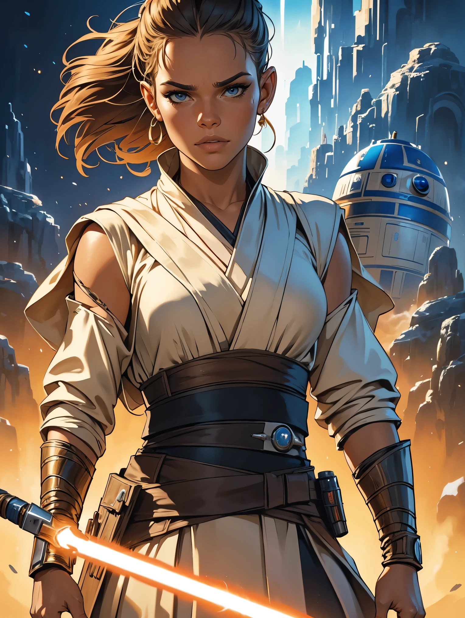 a female Obi-Wan Kenobi jedi based on Jenna Ortega, Star Wars, highly detailed cinematic fantasy portrait, black outlining, full color illustration, in the style of BORIS VALLEJO & JULIE BELL, masterpiece, 8k, ultra-detailed, physically-based rendering, vivid colors, dramatic lighting, intricate background, photorealistic