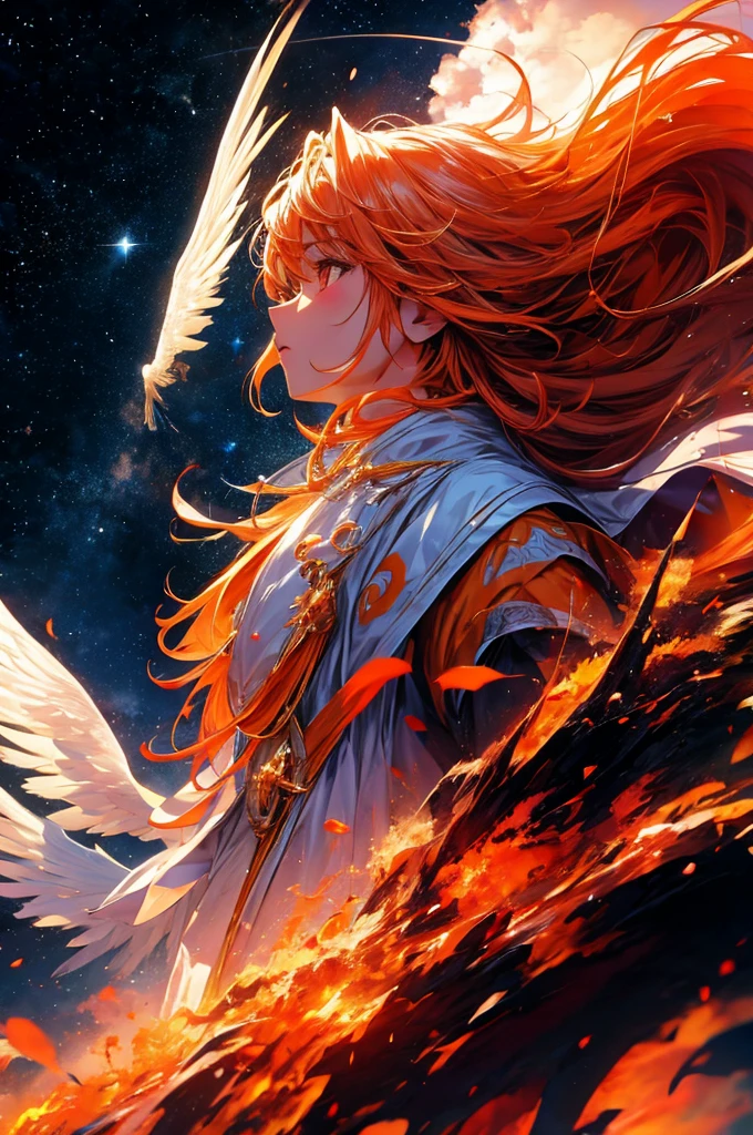 An angelic being without human affection, Creator of the Universe, myth, The background of the image is, Heavenly Mountain Scenario, Orange Clouds. The image style should be cartoon-like, With powerful and impressive strokes, 登場人物にはmythや天使の要素が加わっている  