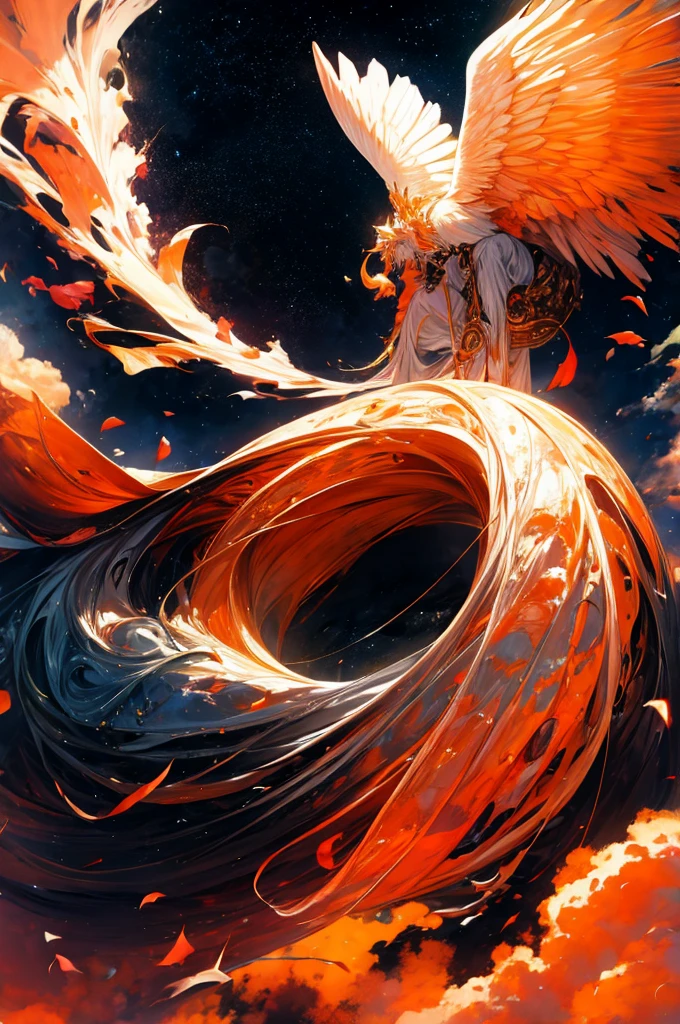 An angelic being without human affection, Creator of the Universe, myth, The background of the image is, Heavenly Mountain Scenario, Orange Clouds. The image style should be cartoon-like, With powerful and impressive strokes, 登場人物にはmythや天使の要素が加わっている  