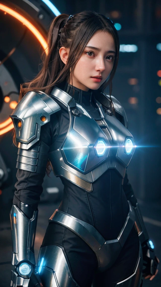 A mecha girl, highly detailed, intricate mech suit, glowing blue energy, dramatic lighting, cinematic composition, photorealistic, hyper detailed, 8k, (best quality,4k,8k,highres,masterpiece:1.2),ultra-detailed,(realistic,photorealistic,photo-realistic:1.37),detailed mechanical parts,futuristic technology,complex machinery,glowing displays,holographic interface,advanced weapons systems,dynamic pose,strong female character,intense expression,piercing eyes,beautiful detailed face,long striking hair,sleek metallic armor,powerful thrusters,glowing energy orbs,cinematic camera angle,moody dramatic lighting,vibrant neon colors,cyberpunk aesthetic