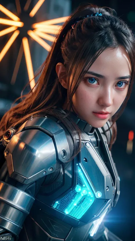 a mecha girl, highly detailed, intricate mech suit, glowing blue energy, dramatic lighting, cinematic composition, photorealisti...