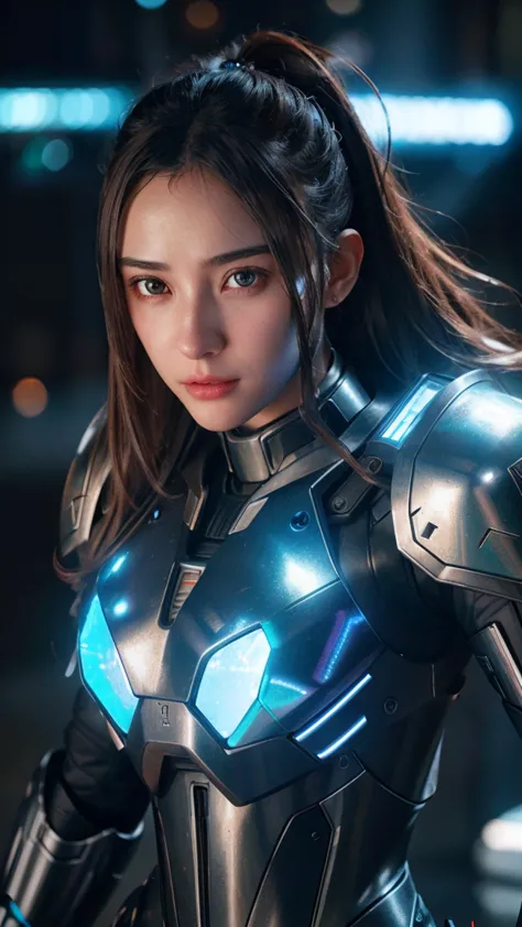 a mecha girl, highly detailed, intricate mech suit, glowing blue energy, dramatic lighting, cinematic composition, photorealisti...