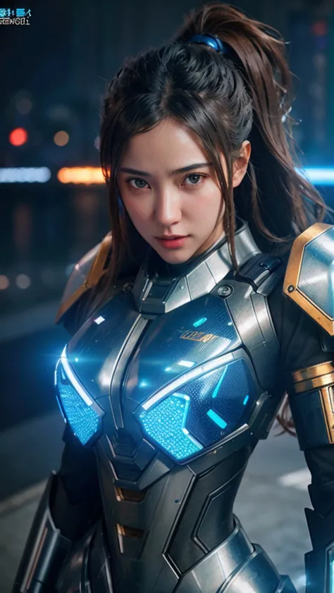 a mecha girl, highly detailed, intricate mech suit, glowing blue energy, dramatic lighting, cinematic composition, photorealisti...