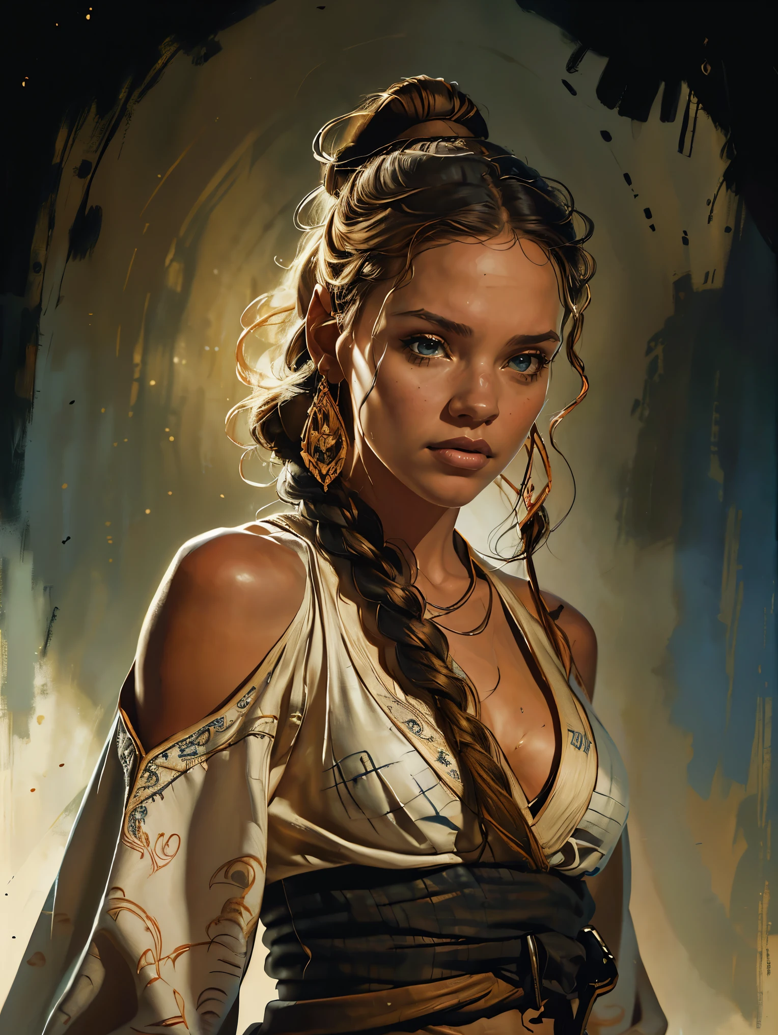 a female Obi-Wan Kenobi jedi based on Jenna Ortega, Star Wars, highly detailed cinematic fantasy portrait, black outlining, full color illustration, in the style of BORIS VALLEJO & JULIE BELL, masterpiece, 8k, ultra-detailed, physically-based rendering, vivid colors, dramatic lighting, intricate background, photorealistic