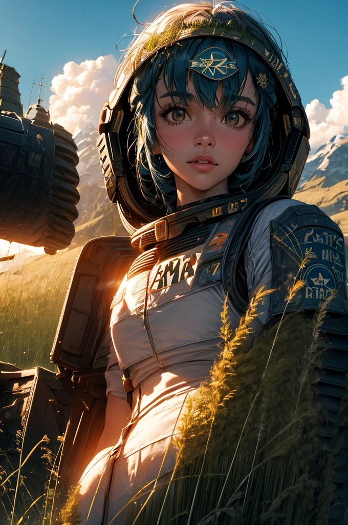 Auszeichnungen (ganzer Körper:0.8) (Portraitfotografie:1.3) junge Frau (Science-Fiction-Astronaut:1.3) mit (Militärpanzer:1.4), (Stargate:1.4), Bestaunen Sie einen üppigen fremden Planeten, (Berg々:1.2) (hohes Gras:1.4), Felsen, Flauschige Wolken schweben am Himmel, Trend auf Art Station, Sehr detailiert, Die feineren Details, Komplex, (Linsenreflexion:0.6), (Hintergrundbeleuchtung:0.8), (blühen:0.8), geringe Schärfentiefe