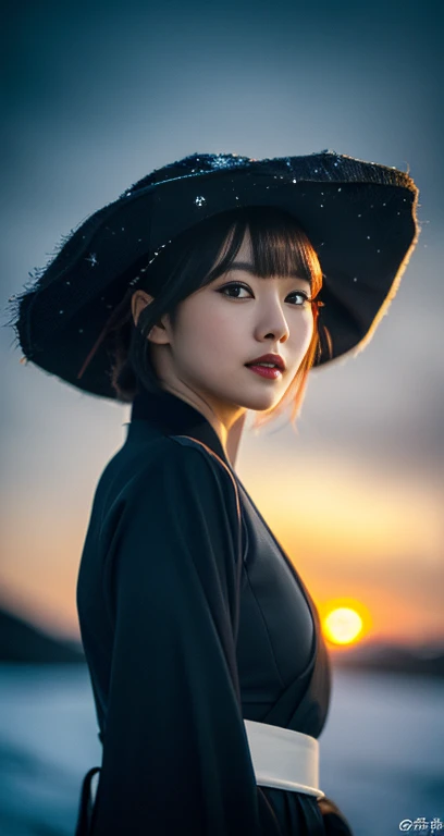 (A mysterious detailed woman in a black kimono dress & ridiculous straw hat, bob_hair_side_bangs, fair skin, dark lips, walking in a snowy night, dark background, dawn sunset, extremely detailed skin, extremely detailed eyes, Intellectual_charisma, depth of field, 8k, dslr, dim lighting, warm_focus_light, high quality, film grain, the_cowboy_shot) #ComicRelief #FashionDisaster 