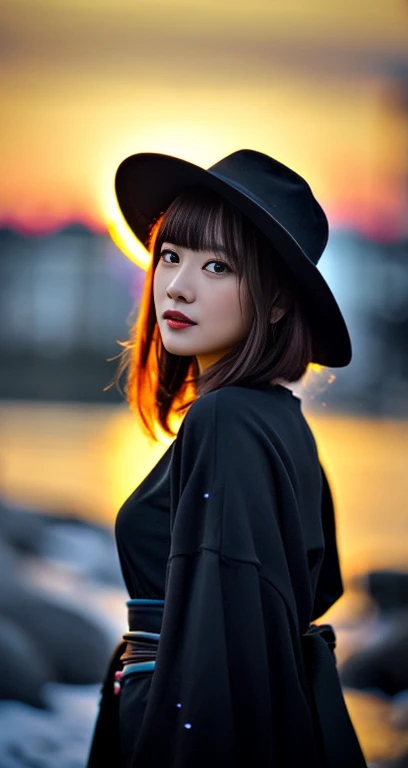 (A mysterious detailed woman in a black kimono dress & ridiculous straw hat, bob_hair_side_bangs, fair skin, dark lips, walking in a snowy night, dark background, dawn sunset, extremely detailed skin, extremely detailed eyes, Intellectual_charisma, depth of field, 8k, dslr, dim lighting, warm_focus_light, high quality, film grain, the_cowboy_shot) #ComicRelief #FashionDisaster 