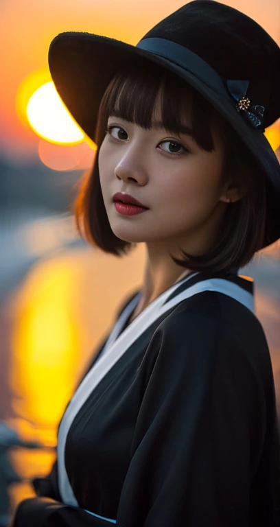 (A mysterious detailed woman in a black kimono dress & ridiculous straw hat, bob_hair_side_bangs, fair skin, dark lips, walking in a snowy night, dark background, dawn sunset, extremely detailed skin, extremely detailed eyes, Intellectual_charisma, depth of field, 8k, dslr, dim lighting, warm_focus_light, high quality, film grain, the_cowboy_shot) #ComicRelief #FashionDisaster 