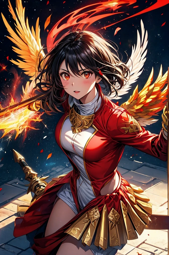 One girl,Hornick Keeper, Fireproof suit with golden phoenix emblem, Obsidian grille fire enclosure, Phoenix nest with glittering golden wings, Talon gloves for wielding the Phoenix, Fire Ruby to Feed the Phoenix,