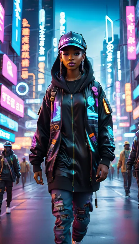 black people dressed in urban clothes, 1 hood, futuristic hat with visor, in a high-tech cityscape with neon lights and holograp...