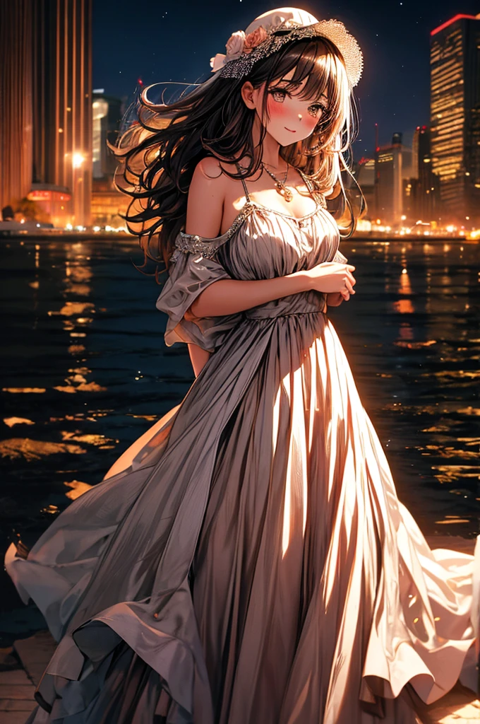 (Highest quality, High resolution, masterpiece:1.2,), figure, night, One girl, whole body, (dress), Put your arms behind your back, Wait for a kiss, View your viewers, Happy, blush,