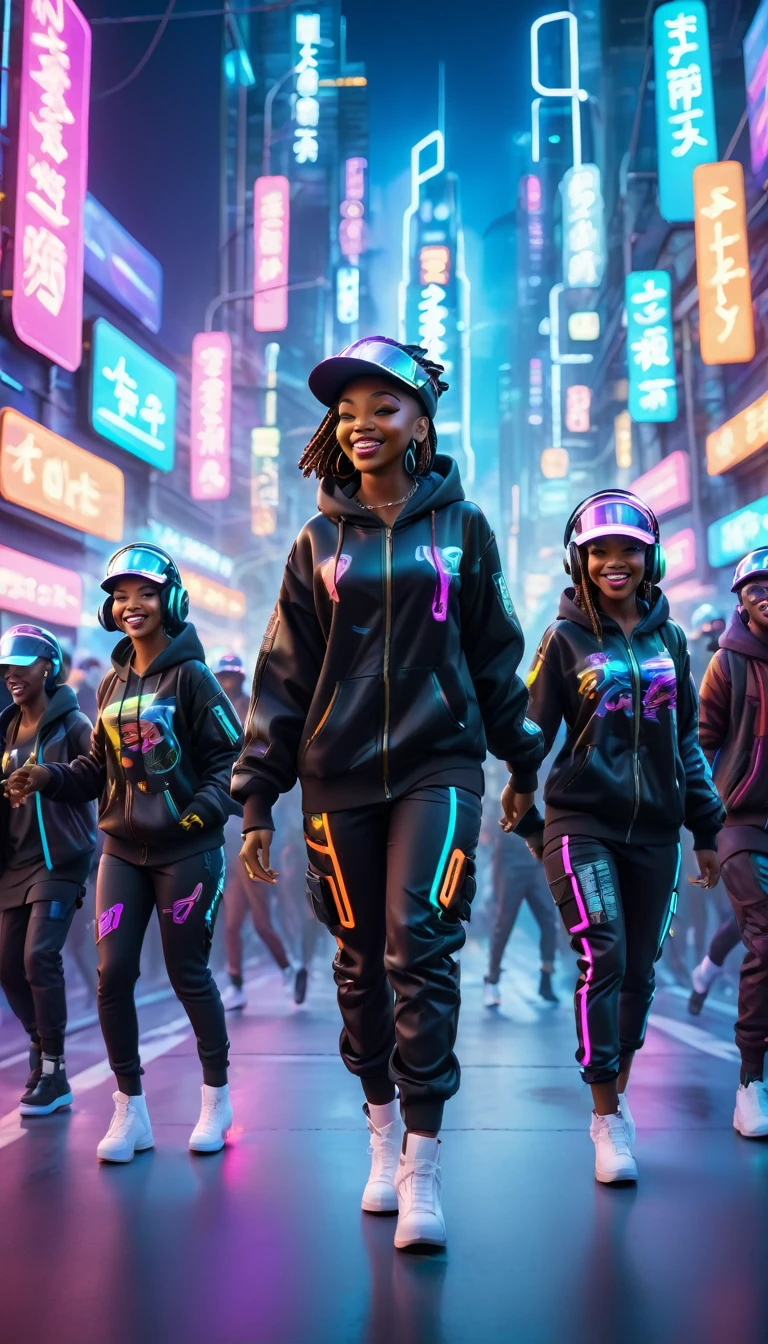 BLACK people dressed in urban clothes, 1 hood, Futuristic hat with visor, In a high-tech cityscape with neon lights and holographic signs、HAPPY DANCING on the road. The background is modern and cyberpunk, high tech vibe. Lovely Digital Painting, 3D rendering, Bright lighting, swirly vibrant colors.