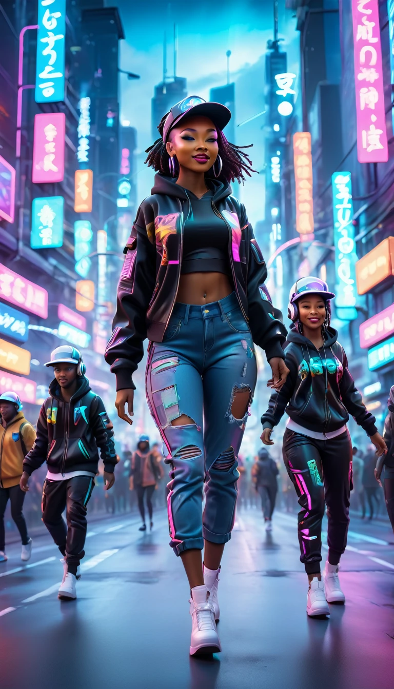 BLACK people dressed in urban clothes, 1 hood, Futuristic hat with visor, In a high-tech cityscape with neon lights and holographic signs、HAPPY DANCING on the road. The background is modern and cyberpunk, high tech vibe. Lovely Digital Painting, 3D rendering, Bright lighting, swirly vibrant colors.