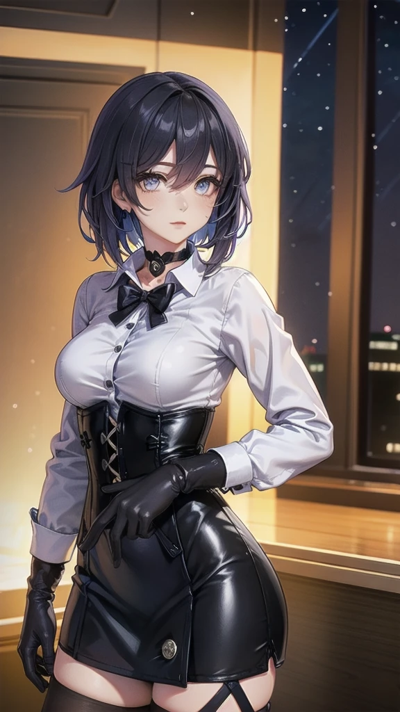 Masterpiece, Beautiful art, professional artist, 8k, Very detailed face, Detailed clothing, detailed fabric, 1 girl, Soul Fullness \(Honkai Impact 3rd\), front view, standing, perfectly drawn body, shy expression, pale skin, beautiful face, short dark blue hair, 4k eyes, very detailed eyes, pink cheeks, choker:1.6, (white long sleeve button down shirt with white collar), black gloves, gloves that cover hands, (black leather corset), (shiny black tight mini skirt), Sensual Lips , winter night, show details in the eyes, looking at the viewer, elegant room, at night