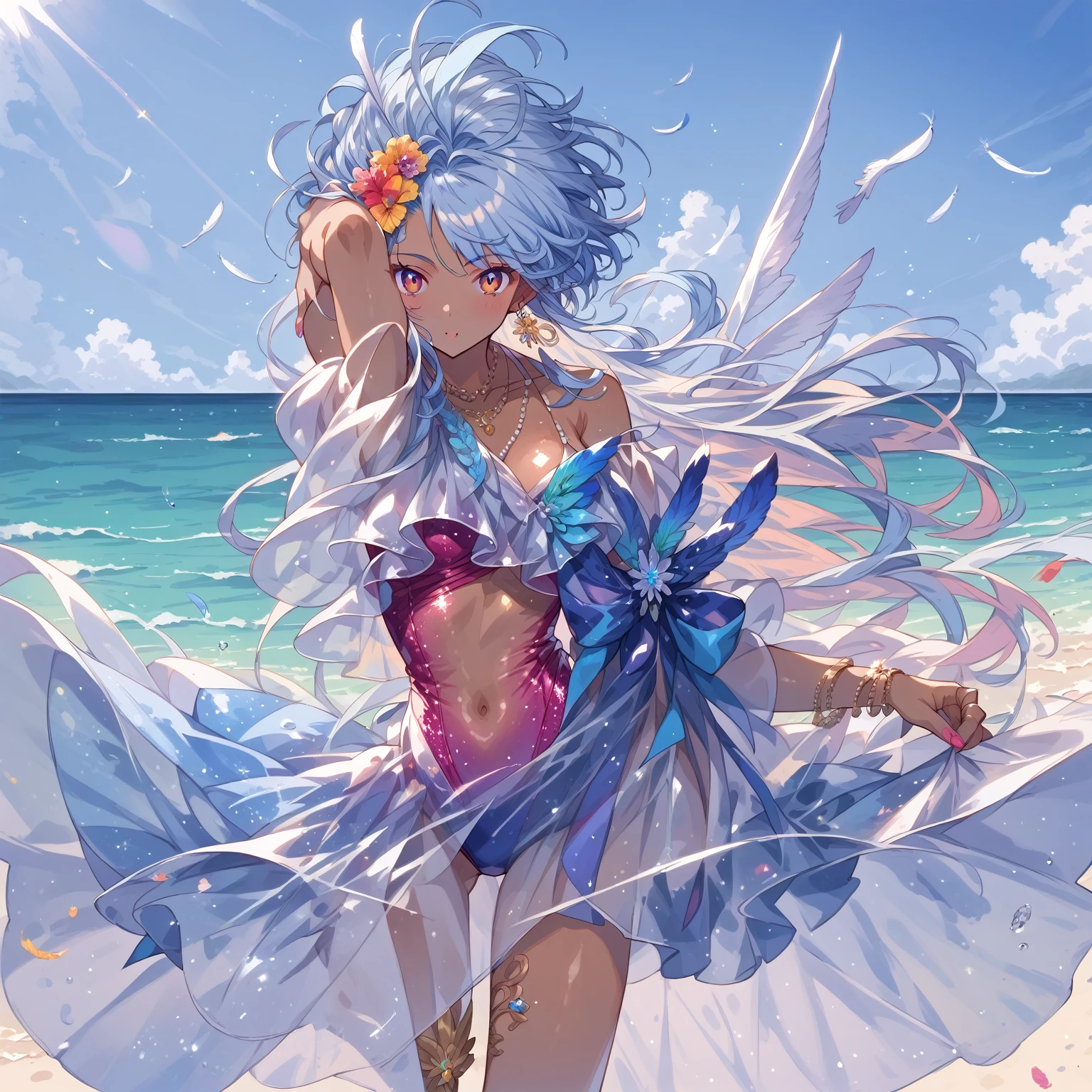 score_9, score_8_up, score_7_up, source_anime,masterpiece, best quality, high resolution, extremely detailed CG, absurdres, highres, 1girl, a dark skin girl in a swimsuit, posing at the beach, (((light blue hair))), golden_decorations, feathers on swimsuit, asymmetric swimsuit, ((glitter swimsuit, shiny swimsuit)), Ombre swimsuit, gorgeous, single thighhigh, beach and blue sky in background, ((((transparent_dress)))), neondskdrmsxl