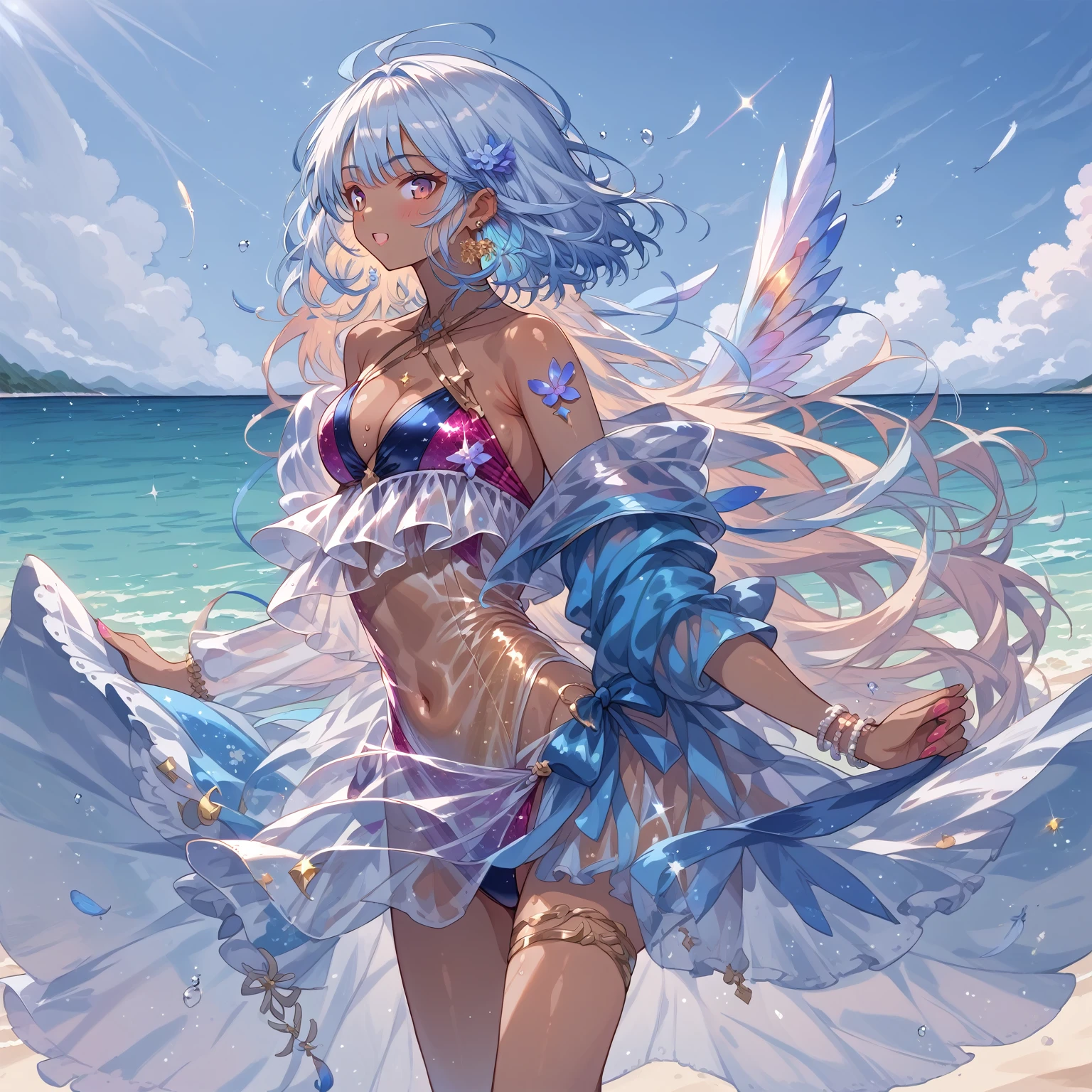 score_9, score_8_up, score_7_up, source_anime,masterpiece, best quality, high resolution, extremely detailed CG, absurdres, highres, 1girl, a dark skin girl in a swimsuit, posing at the beach, (((light blue hair))), golden_decorations, feathers on swimsuit, asymmetric swimsuit, ((glitter swimsuit, shiny swimsuit)), Ombre swimsuit, gorgeous, single thighhigh, beach and blue sky in background, ((((transparent_dress)))), neondskdrmsxl