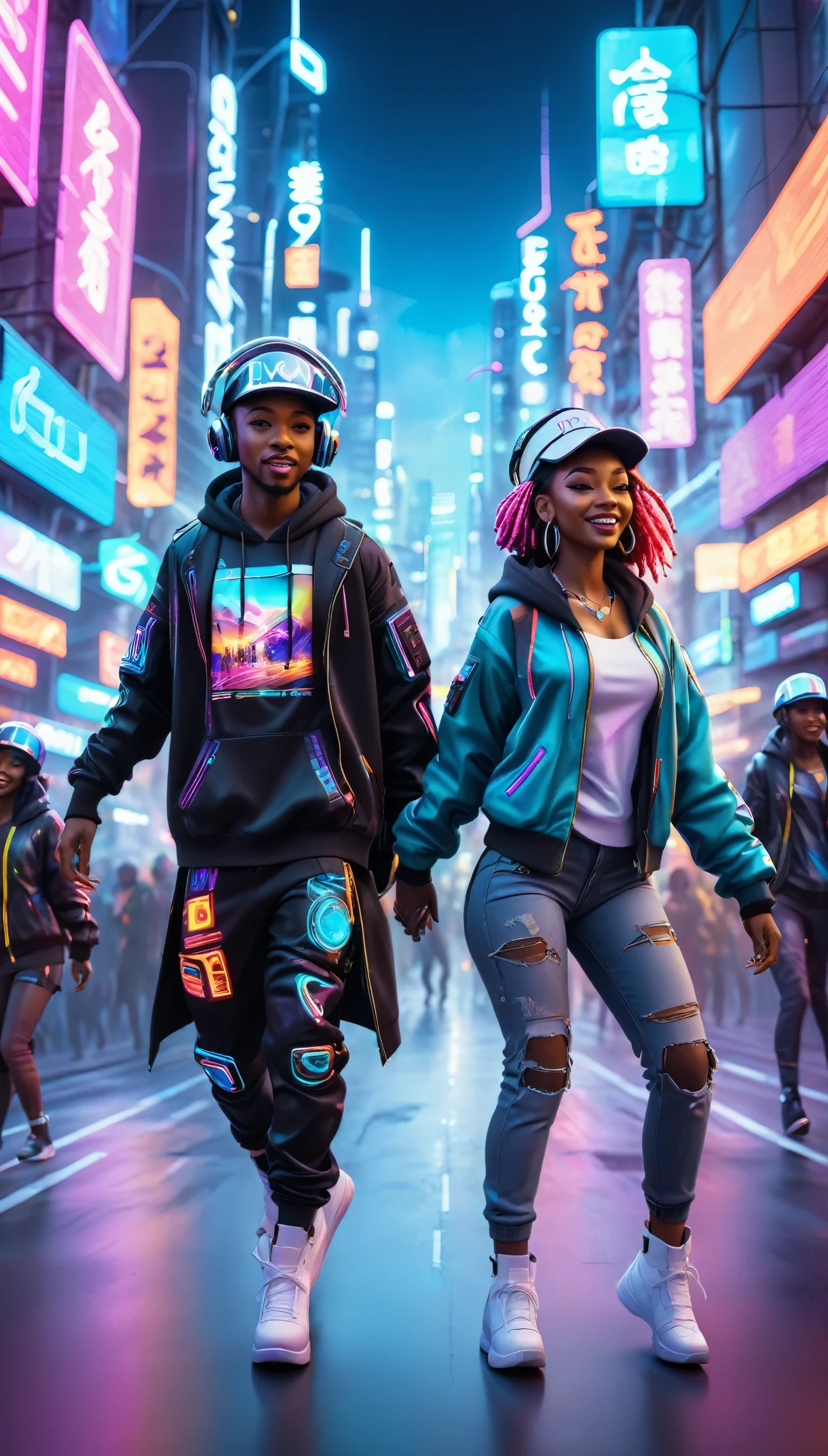 BLACK people dressed in urban clothes, 1 hood, Futuristic hat with visor, In a high-tech cityscape with neon lights and holographic signs、HAPPY DANCING on the road. The background is modern and cyberpunk, high tech vibe. Lovely Digital Painting, 3D rendering, Bright lighting, swirly vibrant colors.