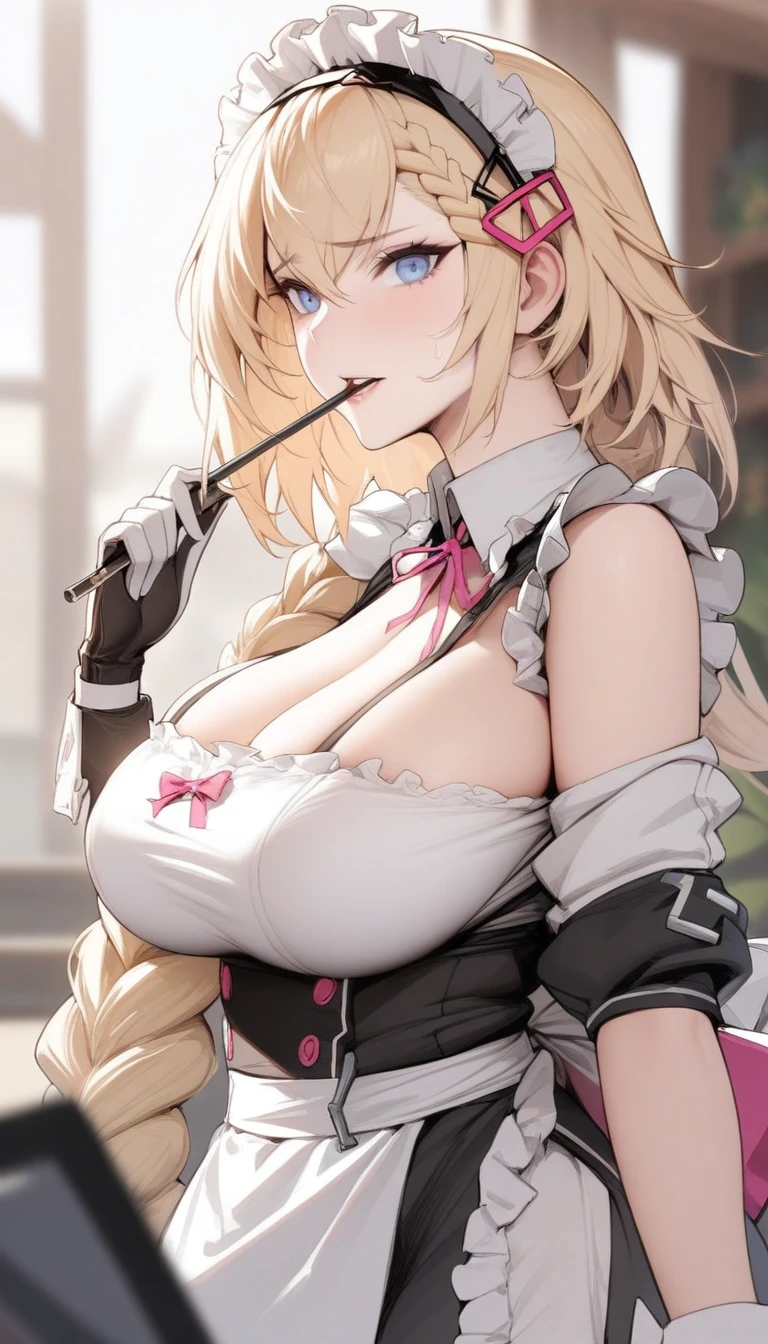 masterpiece, best quality, very aesthetic, absurdres, 1girl, mature_lady, ,1girl, g36 \(girls' frontline\), girls' frontline, blonde hair, long hair, braid, maid headdress, blue eyes, breasts, maid, gloves, apron, holding,lip biting,Traditional / Classic - Draws inspiration from historical architectural styles of specific regions.,blur background,background defocus