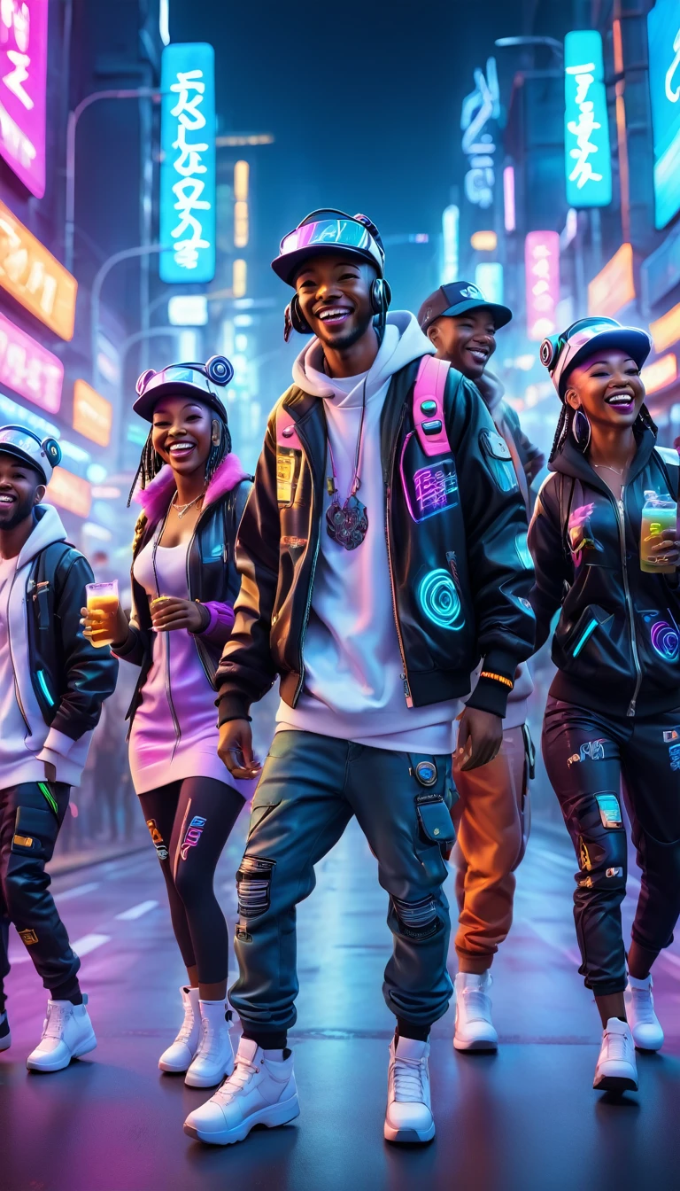 BLACK people dressed in urban clothes, 1 hood, Futuristic hat with visor, In a high-tech cityscape with neon lights and holographic signs、HAPPY DANCING on the road. are drinking and laughing, The background is modern and cyberpunk, high tech vibe. Lovely Digital Painting, 3D rendering, Bright lighting, swirly vibrant colors.