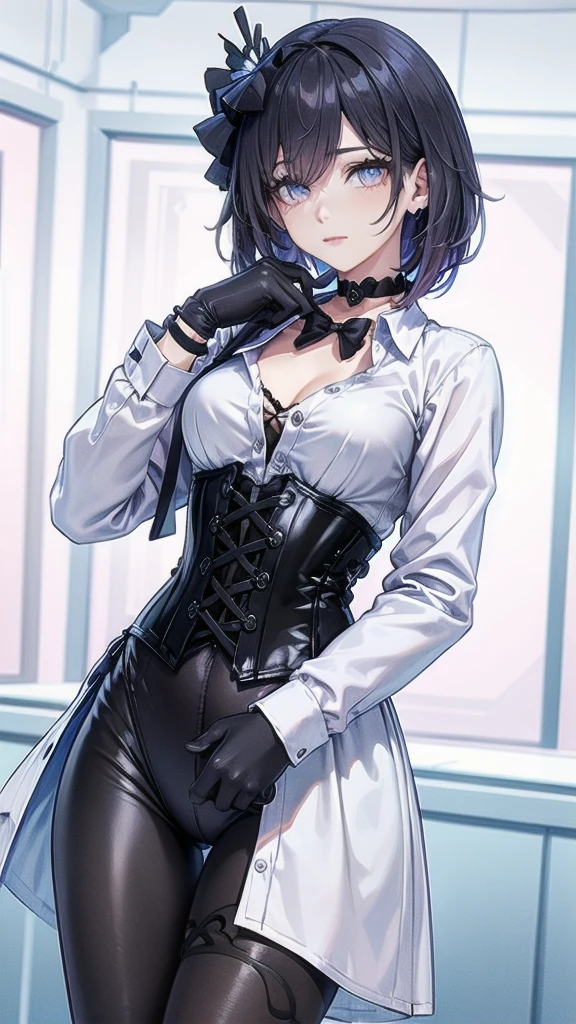 Masterpiece, Beautiful art, professional artist, 8k, Very detailed face, Detailed clothing, detailed fabric, 1 girl, Soul Fullness \(Honkai Impact 3rd\), front view, standing, perfectly drawn body, shy expression, pale skin, beautiful face, short dark blue hair, 4k eyes, very detailed eyes, pink cheeks, choker:1.6, (white long sleeve button down shirt with white collar), black gloves, gloves that cover hands, (black leather corset), (shiny black leggings), Sensual Lips , winter night, show details in the eyes, looking at the viewer, elegant room, at night