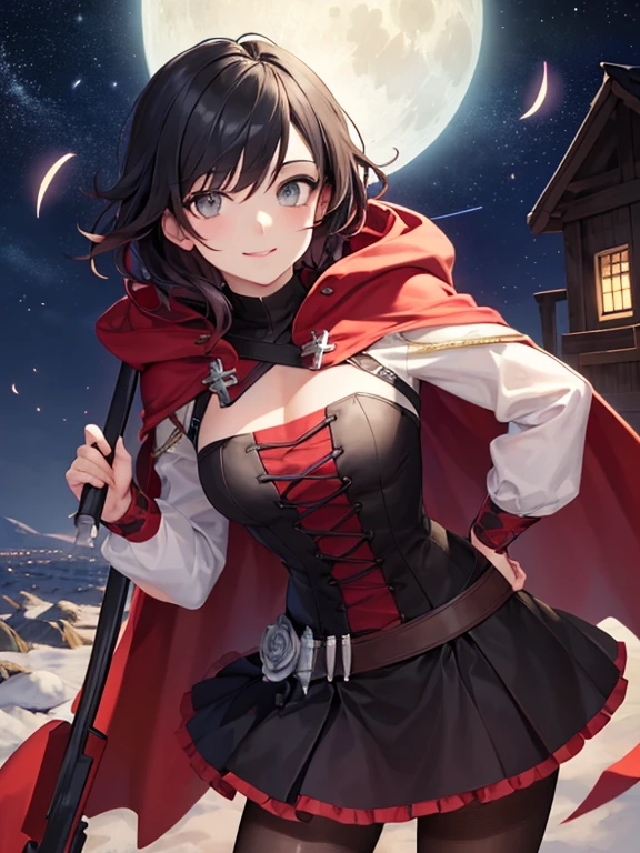 ((best quality)), ((highly detailed)), masterpiece, absurdres, detailed face, beautiful face, (detailed eyes, deep eyes), (1girl), dynamic angle, upper body, contrapposto, hand on hip, ruby_rose, grey eyes, black hair, red tips, smiling, cape, dress, red cape, crescent rose, boots, pantyhose, hood, petals, corset, scythe, holding scythe, (at an altar, evening, night sky, stars, lunar eclipse, shooting star)